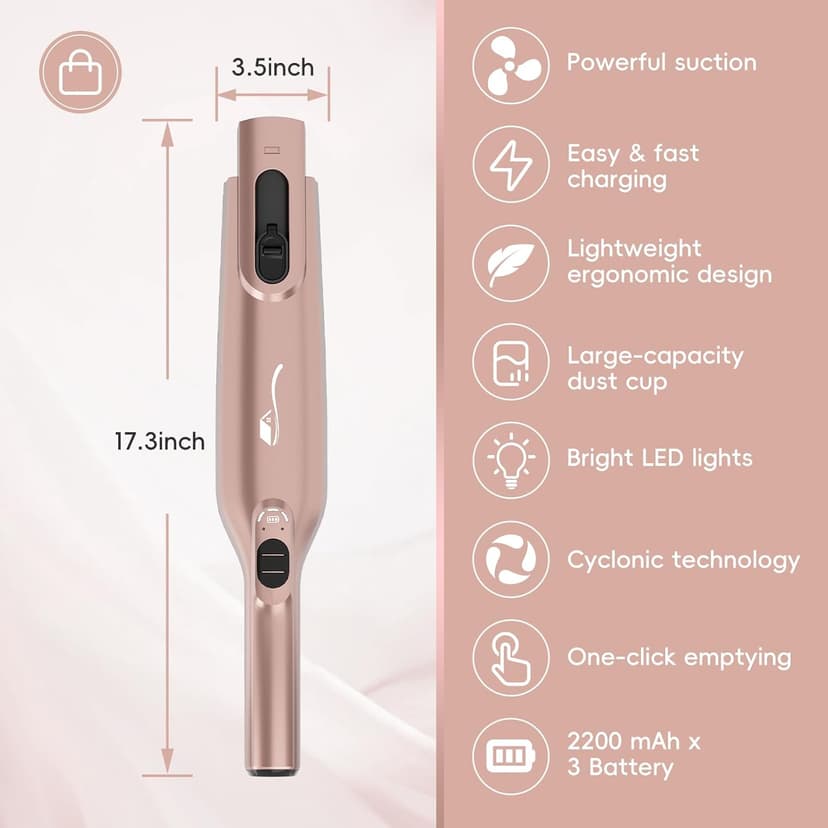 Cordless Handheld Vacuum, Lightweight Portable Hand Vacuum Cleaner with LED Light,Rechargeable Hand Held Vacuum with Charging Dock, Powerful Suction for Office, Home,Car, Rose Gold