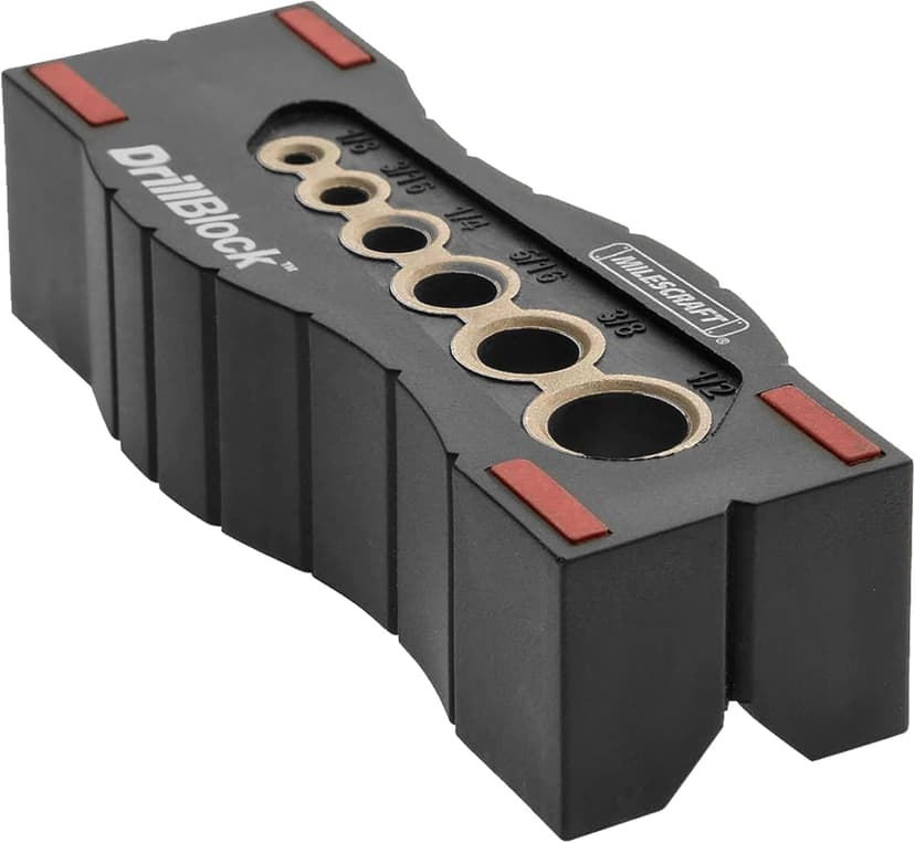 Milescraft 1312 Drill Block - Handheld Drilling Guide, Drilling Jig with Drill Guides for 6 of the Most Common Imperial Drill Bit Sizes, Precision Drilling Tool Accessory