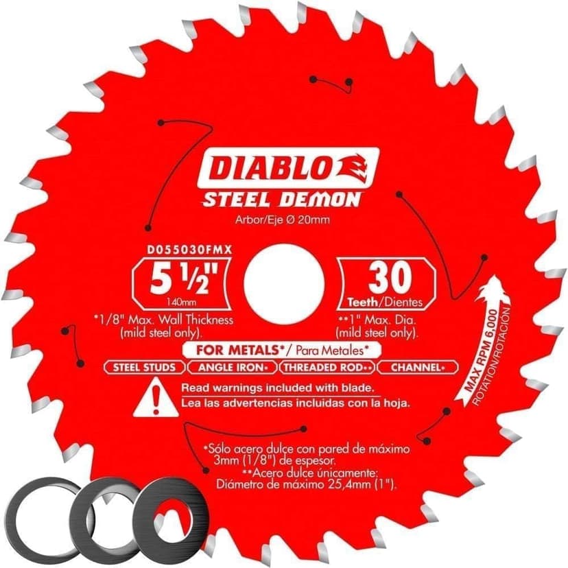 Diablo Steel Demon Saw Blade for Medium Metal - 5-1/2" Diameter, 30 TCG Teeth, 20mm Arbor, .059" Kerf, 2° Hook Angle, .039" Plate, 6000 Max RPM - D055030FMX