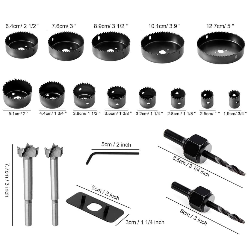 Hole Saw Set, 22PCS Hole Saw Kit with 3/4" to 5" (19mm-127mm) 13Pcs Saw Blades, Mandrels, Installation Plate, Drill Bits, Hex Key with Storage Box, Ideal for Soft Wood, Plywood, Drywall, PVC