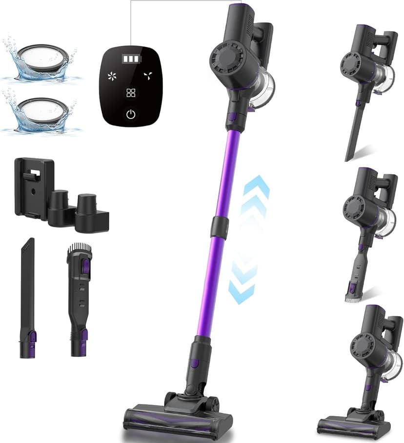 Cordless Vacuum Cleaner, 6-in-1 Lightweight Stick Vacuum, Self-Standing, 35Mins Runtime,2200mAh Rechargeable Battery,LED Screen,Powerful Vacuum Cleaners for Home Hardwood Floor Carpet Pet Hair(Purple)