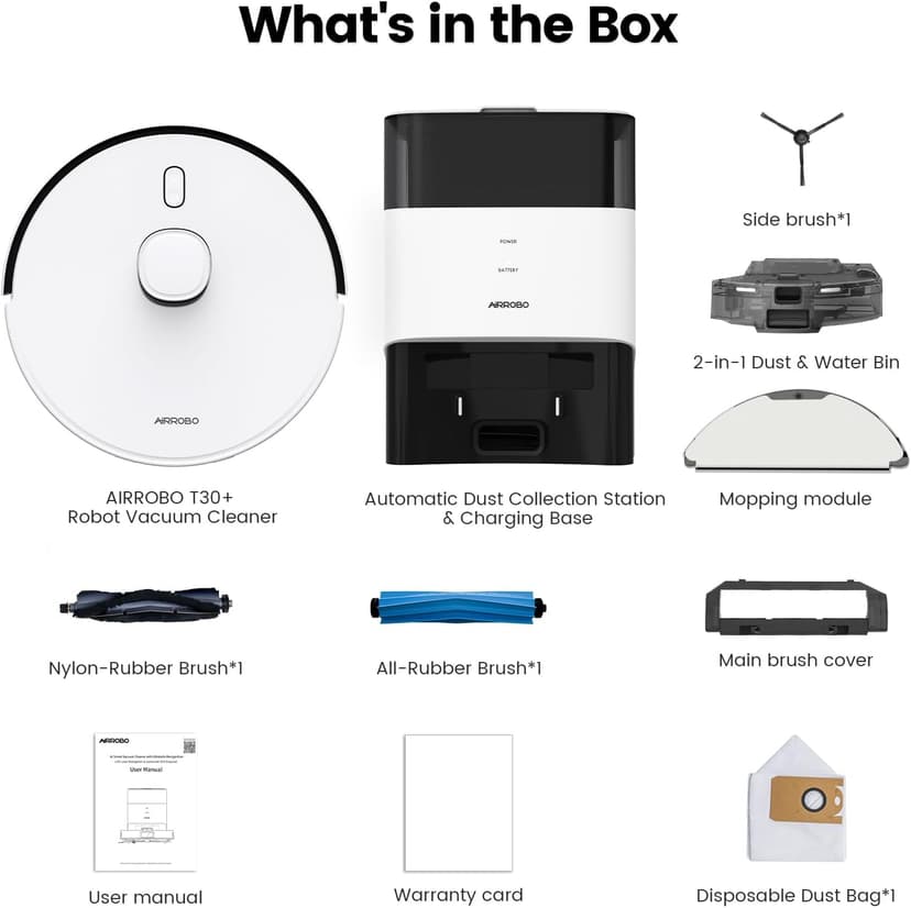 AIRROBO T30+ Robot Vacuum and Mop, 60-Day Self-Emptying, Proactive Intelligence Obstacle Avoidance, Carpet Detection, Tangle-Free Brush, 6000PA Suction, LDS Mapping, APP ＆ Voice Control