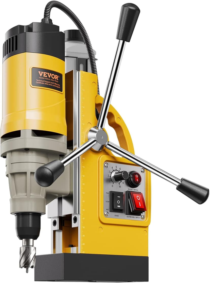 VEVOR Magnetic Drill, 1450W Motor 2 in Boring Diameter, 2878 lbf Electric Mag Drill Press, with 6 Coring Bits, Variable Speed, Drilling Machine for Metal Surface, Home Improvement Industry, Yellow