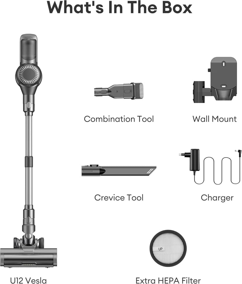 Ultenic Cordless Vacuum Cleaner, 500W 45Kpa Stick Vacuum with Car Dashboard Screen, Tangle-Free Brush for Pet Hair, Max 45mins Runtime, LED Display Tools for Hard Floor, Carpet, Car Cleaning, U12