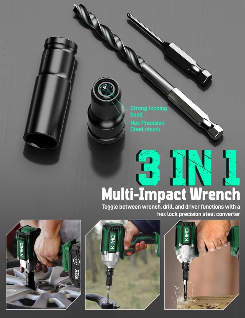 KIMO Impact Wrench 1/2, Max Torque 406ft-lbs (550N.m) & 3000RPM /Premium Brake Stop, 9-Piece Drill & Serewdriver Set, 4 Sockets, Cordless Impact Wrench with 4000mAh Battery, Impact Driver for CarTires