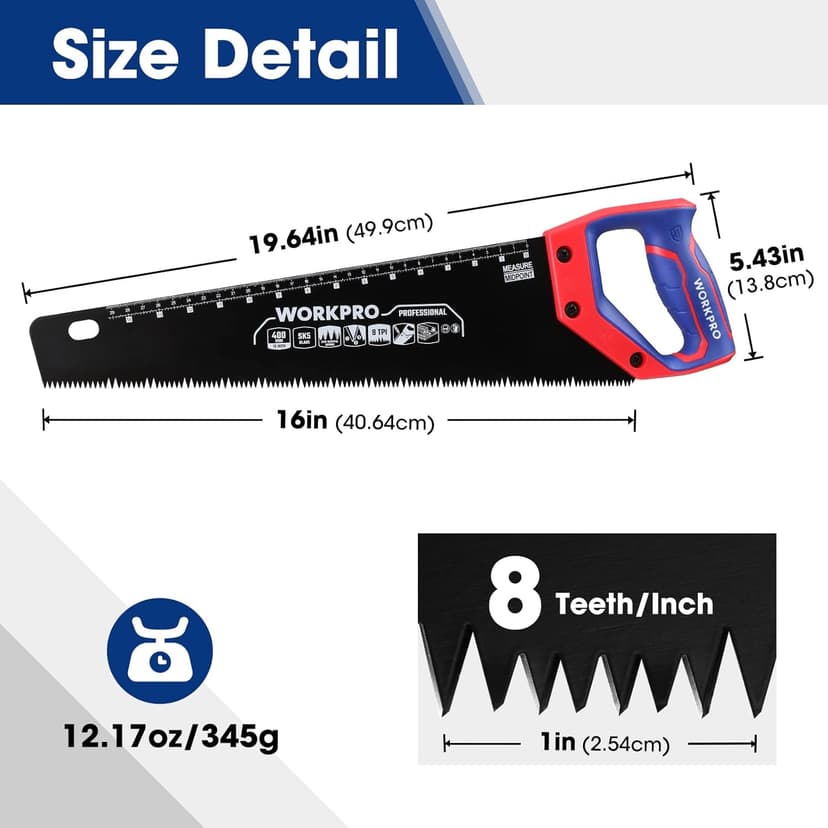 WORKPRO 16-Inch Universal Handsaw with Non-Slip Comfortable Handle, Anti-Rust Wood Saw With Chip Removal Design, Heavy-Duty for Cutting Wood, Laminate, PVC