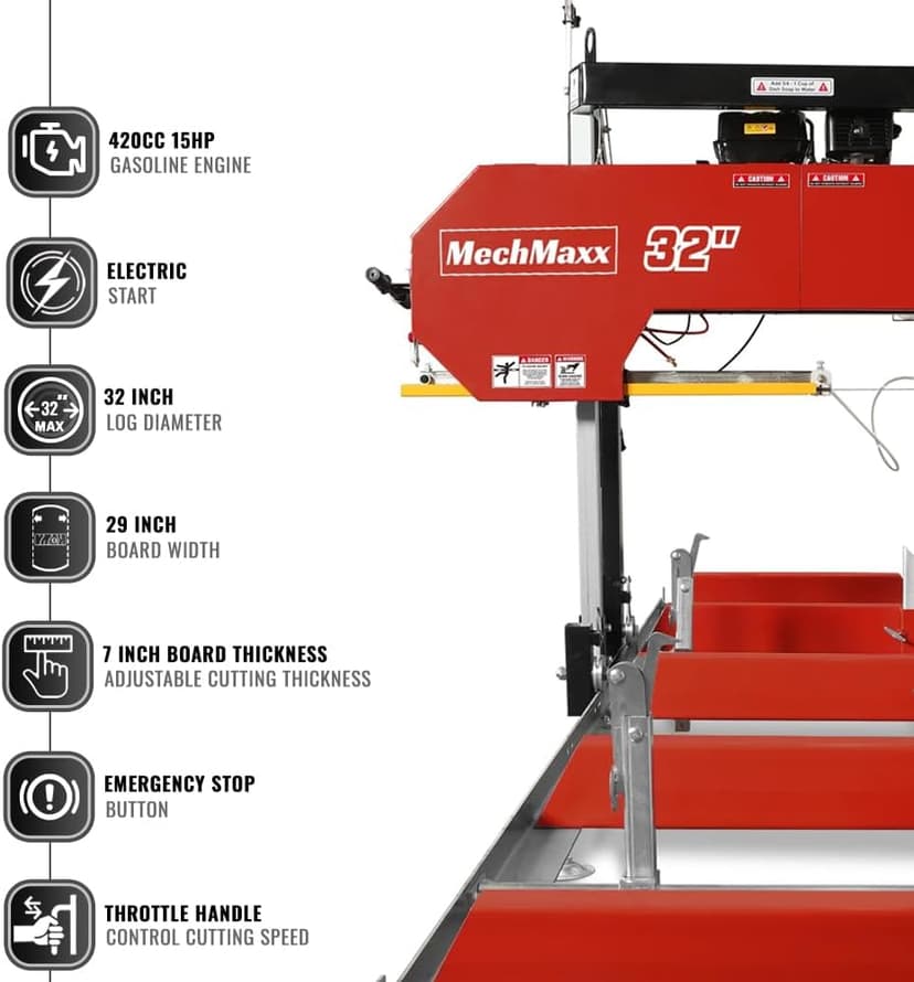 32" inch Portable Sawmill, 420cc 15HP E-Start Gasoline Engine, 29" Board Width, 13' Track Length, Model SM-32