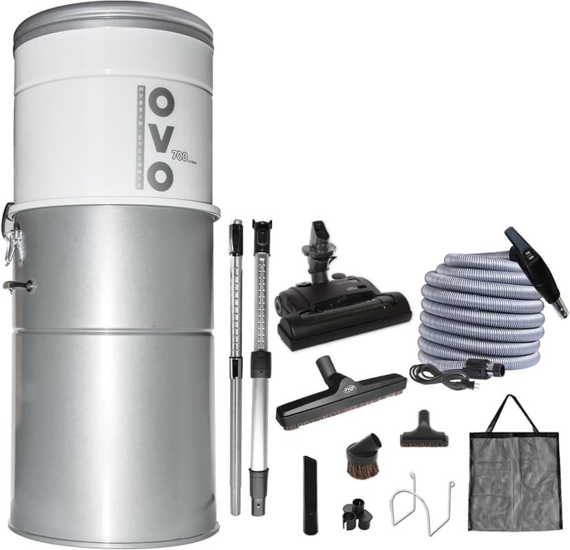 OVO Heavy Duty Powerful 700 Airwatts Central Vacuum System, Hybrid Filtration (with or Without Disposable Bags) 35L or 9.25Gal, with 30 ft Carpet Deluxe Accessory Kit