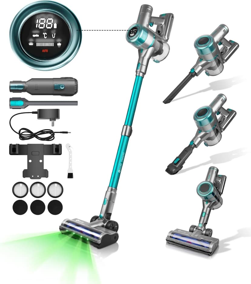 E.LUO Cordless Vacuum Cleaner, 28Kpa Vacuum Cleaners for Home, 60 Mins Runtime Stick Vacuum with Intelligent Display, Rechargeable Battery & Anti-Tangle Brush Handheld Vacuum for Floor Carpet Pet Hair