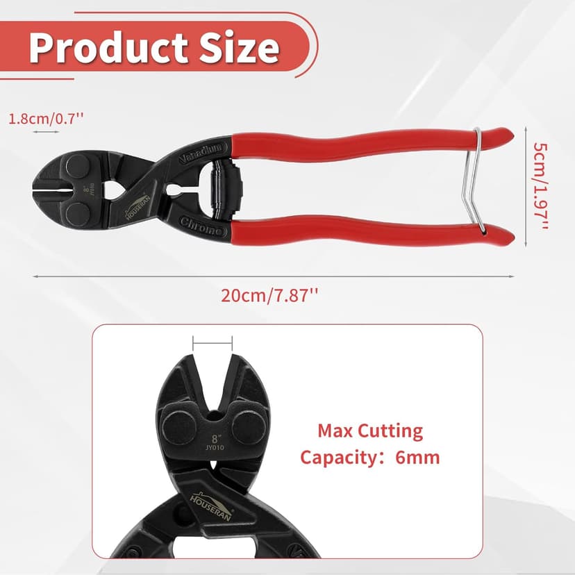 8 Inch Mini Bolt Cutters, Compact Bolt Cutter with Recess and Spring, Small Bolt Cutters, CR-V Steel Blade for Wires, Cables, Rivets, Chains, Screws, Bolts