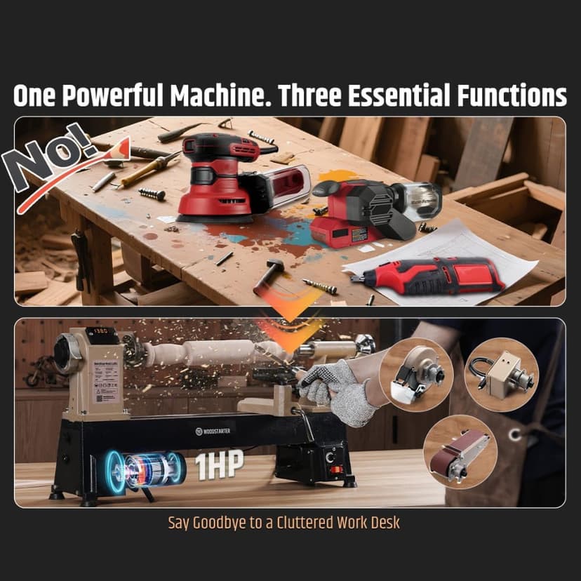 12" x 18" Wood Turning Lathe, 1 HP Benchtop Woodworking Lathe with Variable Speed 650-3800 RPM, Dual-Function Design with Extension Ports for Belt Sander or Grinding Wheel or Rotary Kit