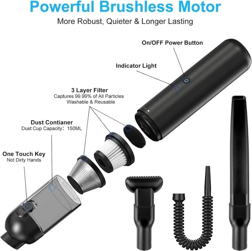 Handheld Vacuum Cordless, 16000pa Car Vacuum Cleaner High Power, 2 Speed Modes Mini Vacuum Cleaner with 2 Filters, Car Vacuum Portable Cordless with Air Blower for Home Office Pet Hair