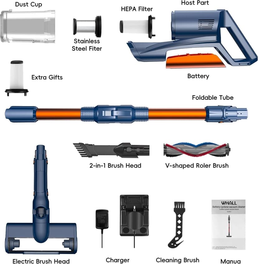 whall Cordless Vacuum Cleaner, Upgraded Strong Suction Brushless Motor Cordless Stick Vacuum Cleaner, Lightweight Handheld Vacuum for Home Pet Hair Carpet Hard Floor, up to 55mins Runtime,Blue