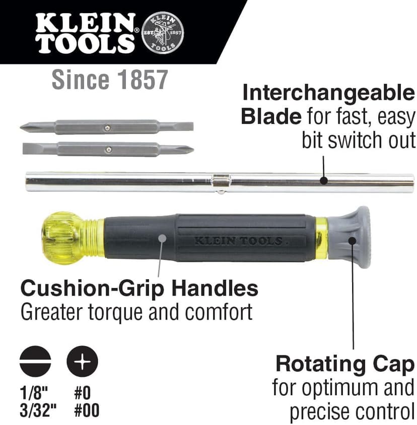 Klein Tools 32581 4-in-1 Electronics Screwdriver Set with 2 Slotted, 2 Phillips Precision Machined Bits, Ideal for Terminal Blocks