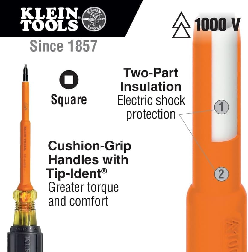 Klein Tools 661-4-INS Insulated Screwdriver, Made in USA, #1 Square Tip with 4-Inch Shank