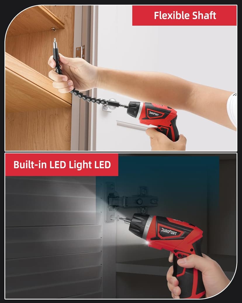 Cordless Electric Screwdriver Set, 8V 10Nm Rechargeable Power Electric Drill, Battery Screw Gun with Driver Bit, 320RPM/10+1 Torque, 2 Position Handle, Flexible Shaft LED Light (Red, 28Pcs)