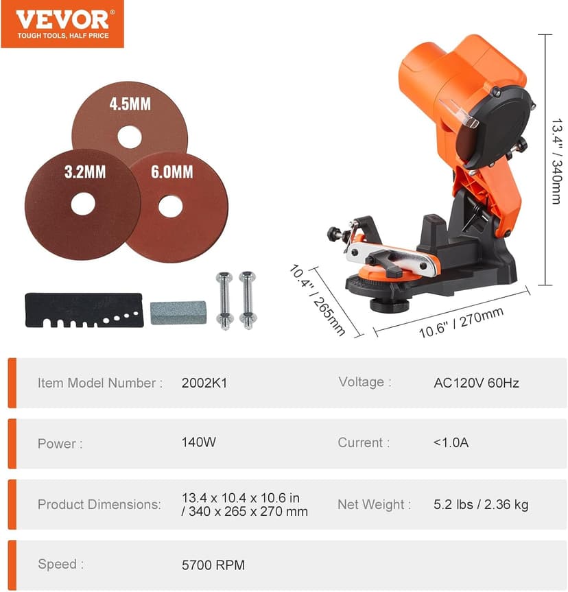 VEVOR Electric Chainsaw Sharpener, 140W Electric Saw Chain Blade Sharpener 5700RPM, Professional Bench Chain Saw Sharpening Tool with 3 Grinding Wheels Fit 0.25" to 0.404" Pitch Chains