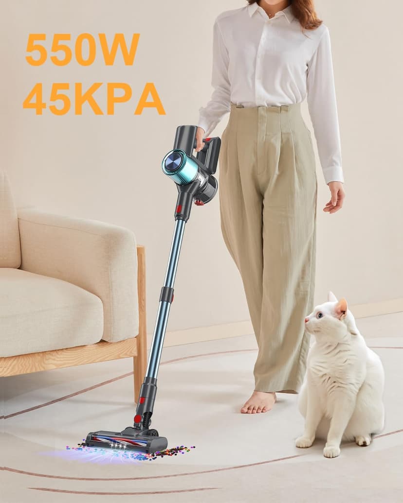 Cordless Vacuum Cleaner, 60 Mins Runtime Vacuum Cleaners for Home, Stick Vacuum Self-Standing, Wall Mount Charging, 3 Mode Handheld Vacuum for Pet Hair/Carpet/Floor