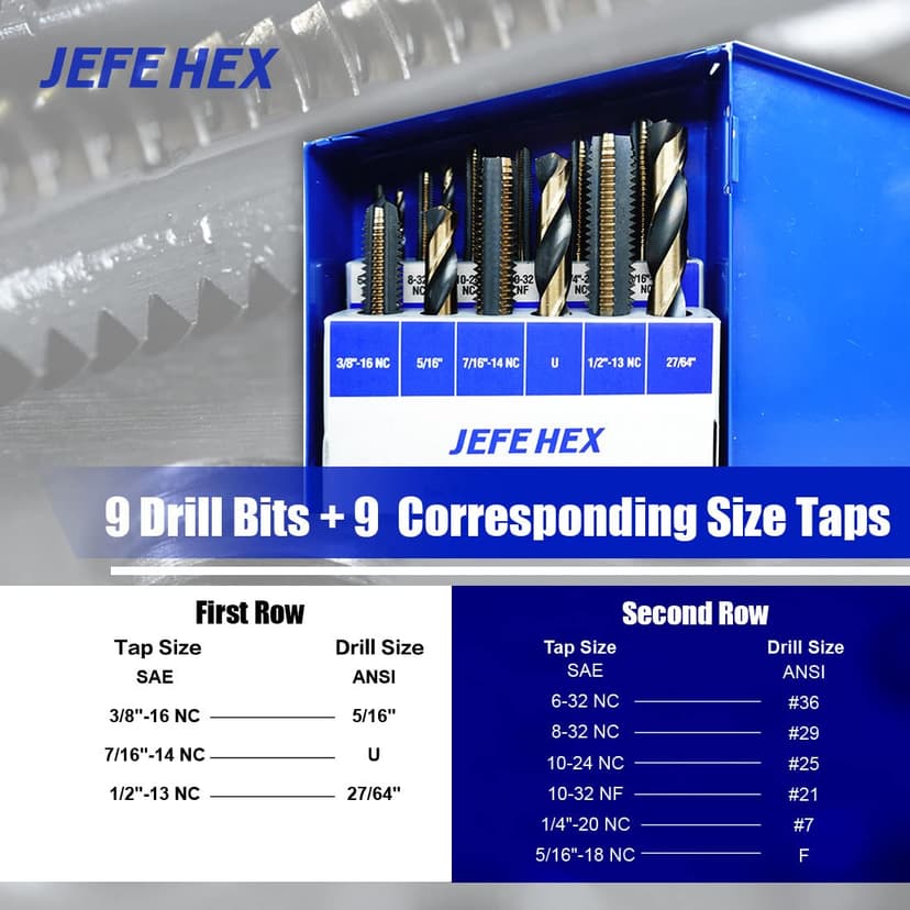 JEFEHEX 18pcs Drill and Tap Set with 1 Piece T-Handle Ratchet Tap Wrench, Tap Range 6-32NC—1/2"-13NC, Black and Gold Premium HSS Jobber Length Drill Bits and Hand Plug Taps with Metal Indexed Box