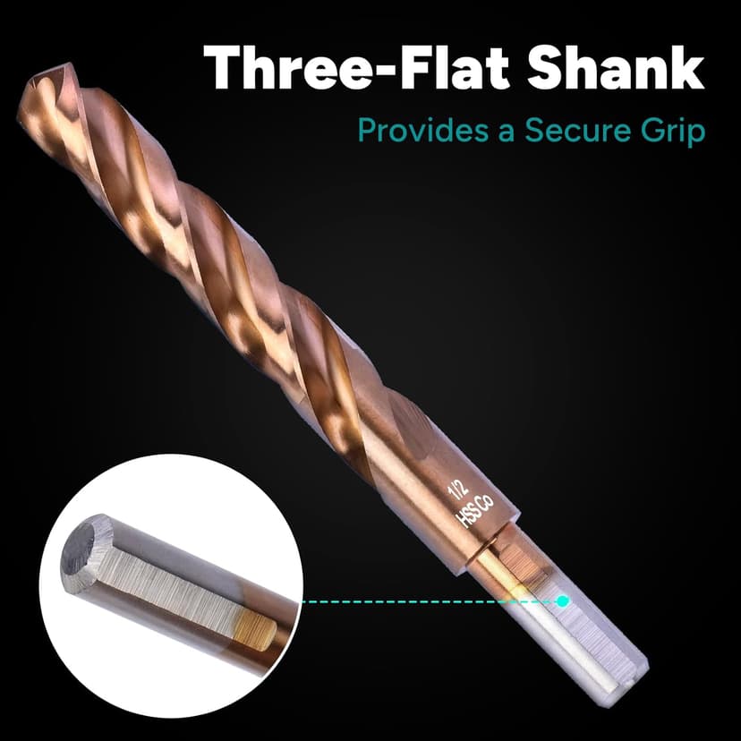Three Flute Cobalt Drill Bit Set, M35 Metal Drill Bits with Three-Flat Shank and 135 Degree Split Point, for Hardened Metal, Stainless Steel, Cast Iron, Plastic & Wood, 21-Piece, 1/16"-1/2"