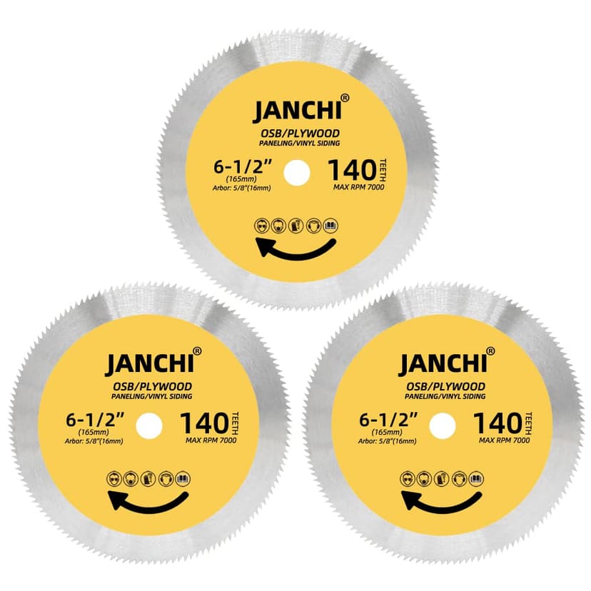 3Pack 6-1/2 Inch 140T Circular Saw Blade, Plywood, OSB, Paneling and Vinyl Siding Fast and Smooth Cutting Saw Blade 5/8 Inch Arbor.
