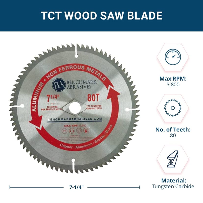 Benchmark Abrasives TCT 7-1/4 Inch Circular Saw Blade, Tungsten Carbide Tipped Non Ferrous Metal Cutting Saw Blades for Cutting Plastic, Fiberglass, PVC, Aluminum Cutting Blade - ‎(7-1/4" - 80 Teeth)