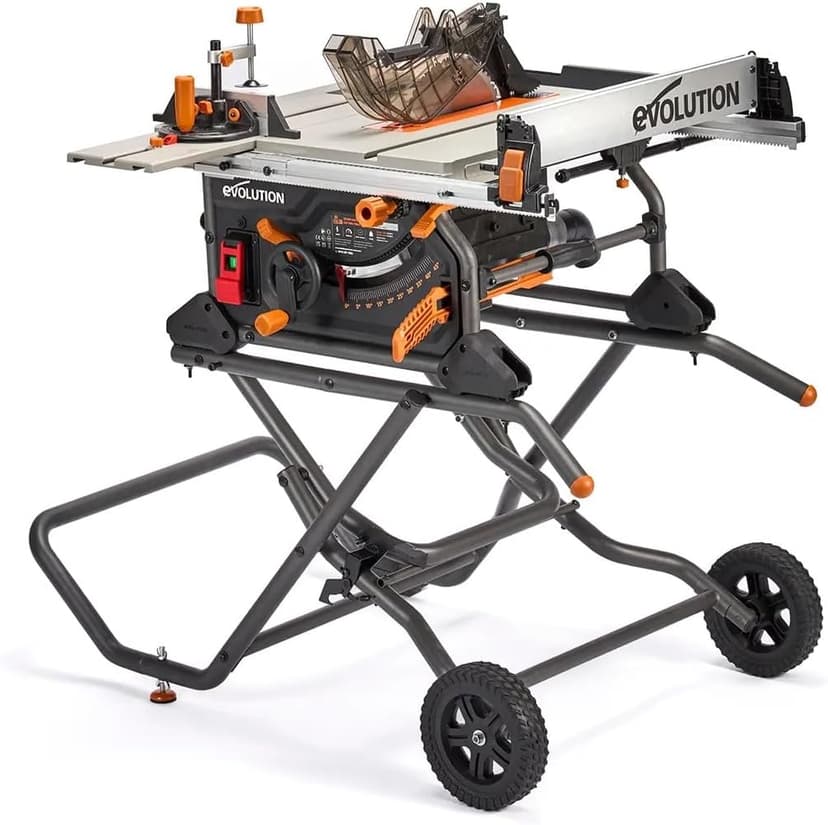 Evolution R10TBLX 10" Jobsite Table Saw with Wheeled Scissor Stand | 15A Motor | Multi-Material Cutting | 10" Blade | 26” Rip | 3-3/8” Depth | 0-45º Bevel | Precision Fence | Portable & Heavy-Duty