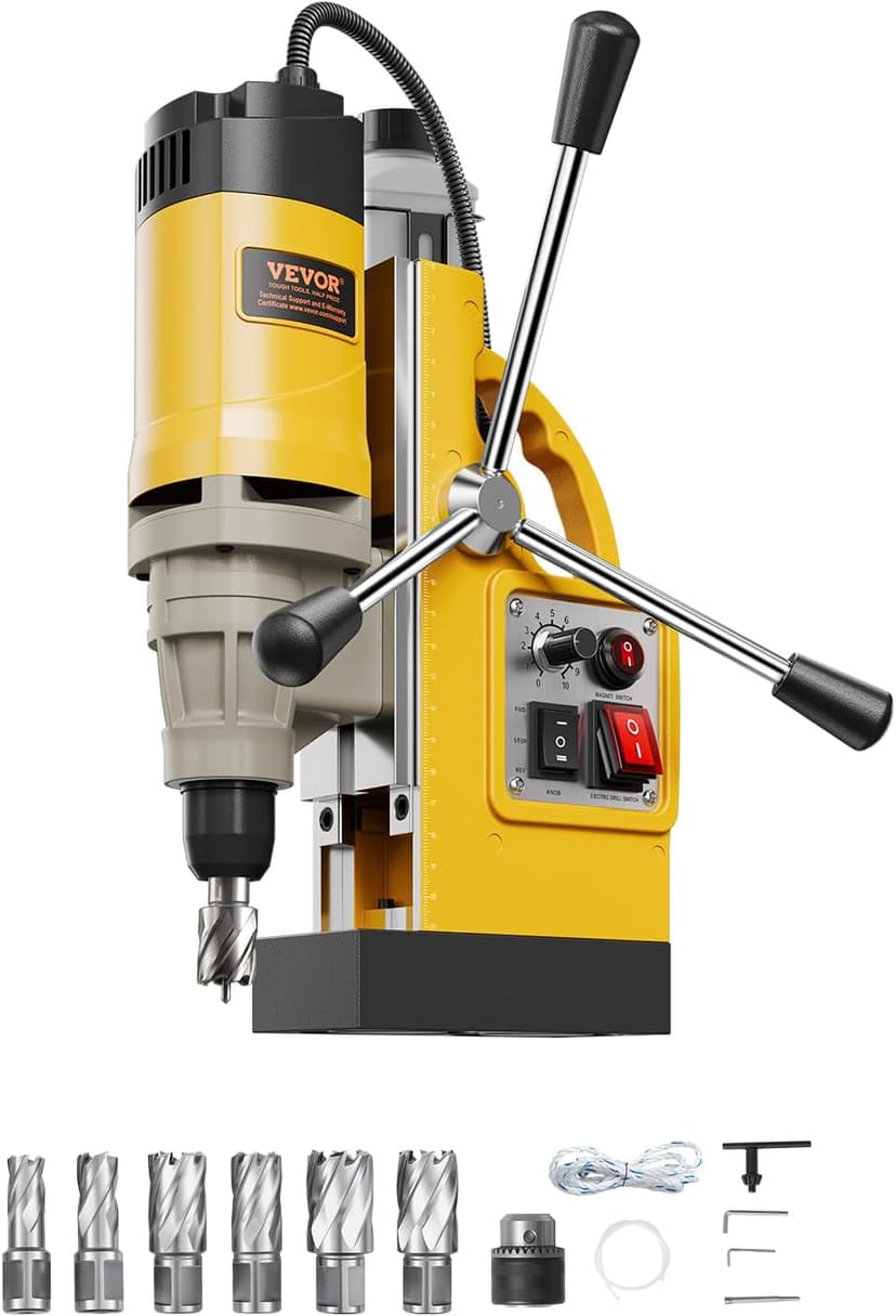 VEVOR Magnetic Drill, 1450W Motor 2 in Boring Diameter, 2878 lbf Electric Mag Drill Press, with 6 Coring Bits, Variable Speed, Drilling Machine for Metal Surface, Home Improvement Industry, Yellow