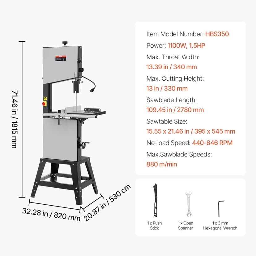 VEVOR Band Saw, 13.39-Inch, Benchtop Bandsaw with Stand, 440-846 RPM Continuously Viable Speed, 1100W 1-1/2HP, 110V, Optimized Work Light, and Miter Gauge, for Woodworking Aluminum Wood Metal Copper