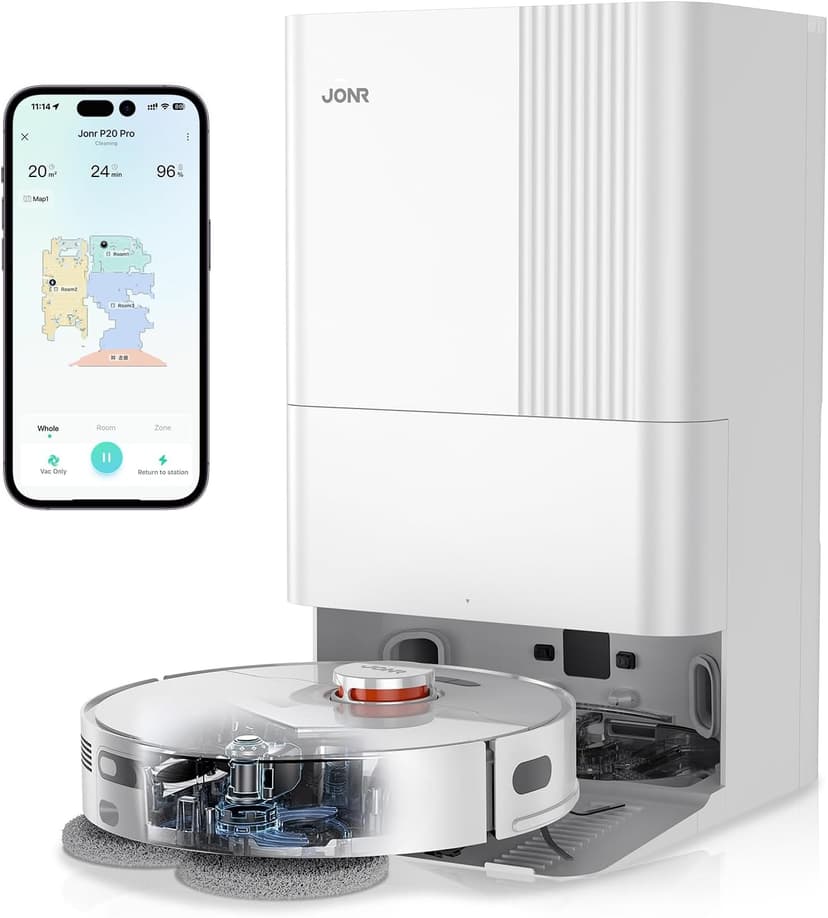 JONR P20 Pro Robot Vacuum and Mop with Self-Emptying, Self Lifting, 8000Pa Station, Auto Mop Washing & Hot Drying, Self-Refilling, Obstacle Avoidance, Adaptive Edge Mopping, LiDAR Navigation