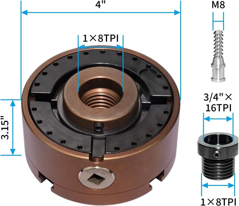 4 Inch Wood Lathe Chuck Set 1"X8TPI Thread & 3/4"X16TPI Adapter, Self-Centering 4 Jaw Wood Turning Chuck