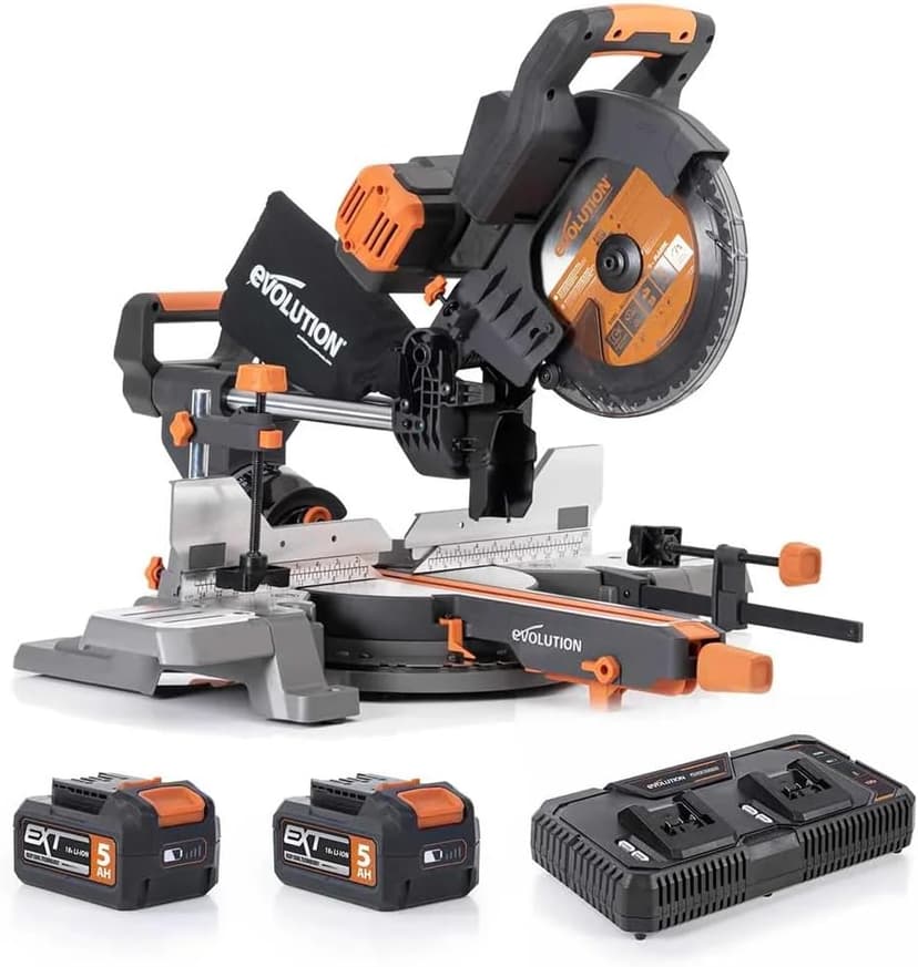 Evolution R255SMS-DB-Li Cordless Dual Bevel Sliding Miter Saw | 40V Brushless Motor | 48° Bevel, 50° Miter | Compact & Lightweight | Includes Multi-Material Blade, Battery & Charger