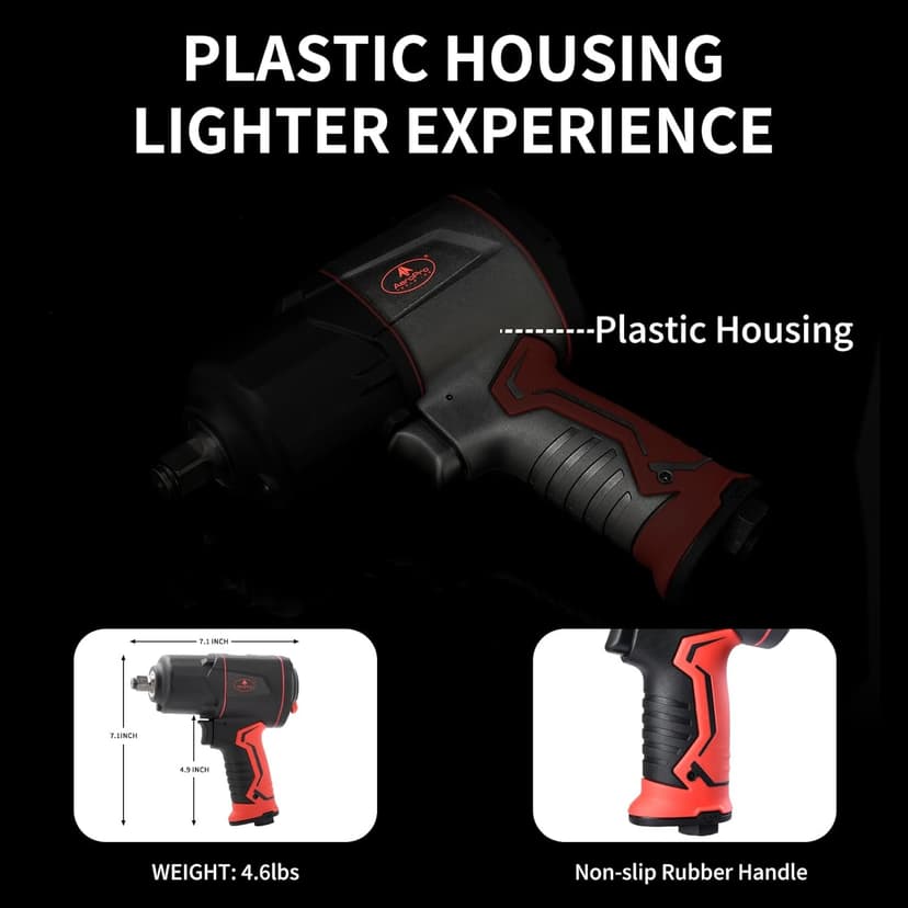 AEROPRO TOOLS 1/2-Inch Composite Air Impact Wrench(A315), Twin Hammer, 1380FT-LBS Max Loosening Torque, 8000RPM, Pneumatic Impact Gun, for Auto Repair, Tire Shop (Lightweight Housing)