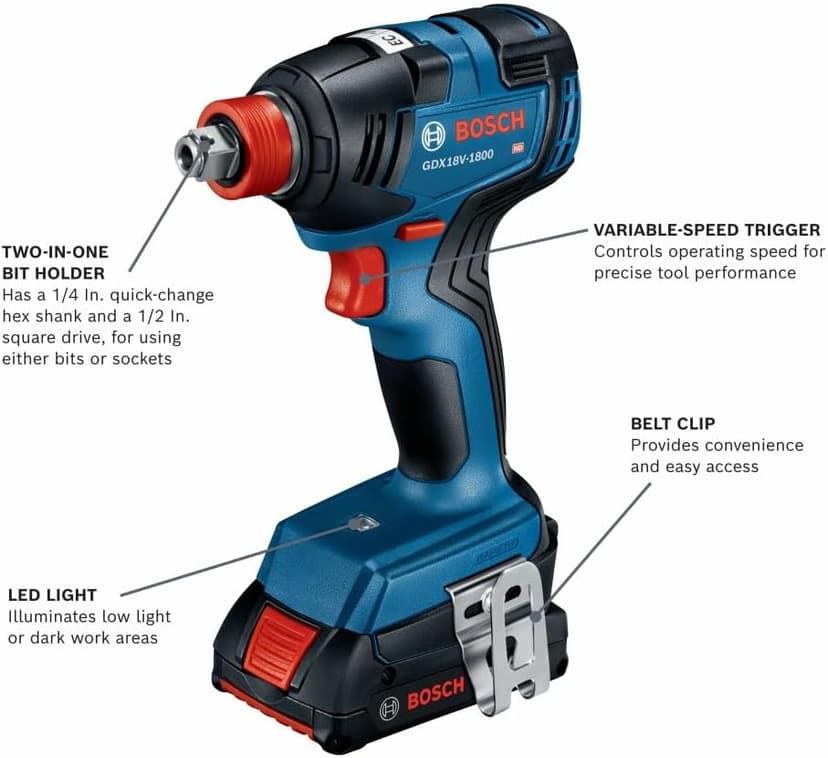 Bosch GDX18V-1800B12 18V Two-In-One 1/4 In. and 1/2 In. Bit/Socket Impact Driver/Wrench Kit with 2 Ah Standard Power Battery