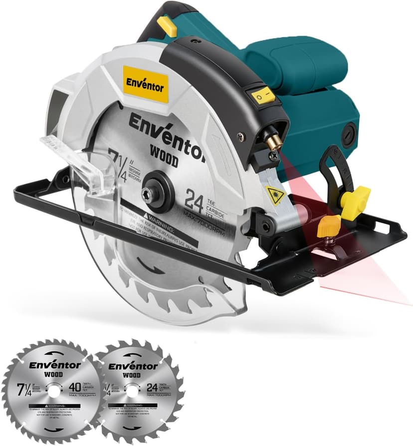 Enventor 7-1/4-Inch Circular Saw, 10A Pure Copper Motor Electric Circular Saws with Laser Guide, 2 Blade Saws (40T/24T), Adjust Cutting Angle from 0° to 90°, Single Handed Bevel, 5800RPM, Blue