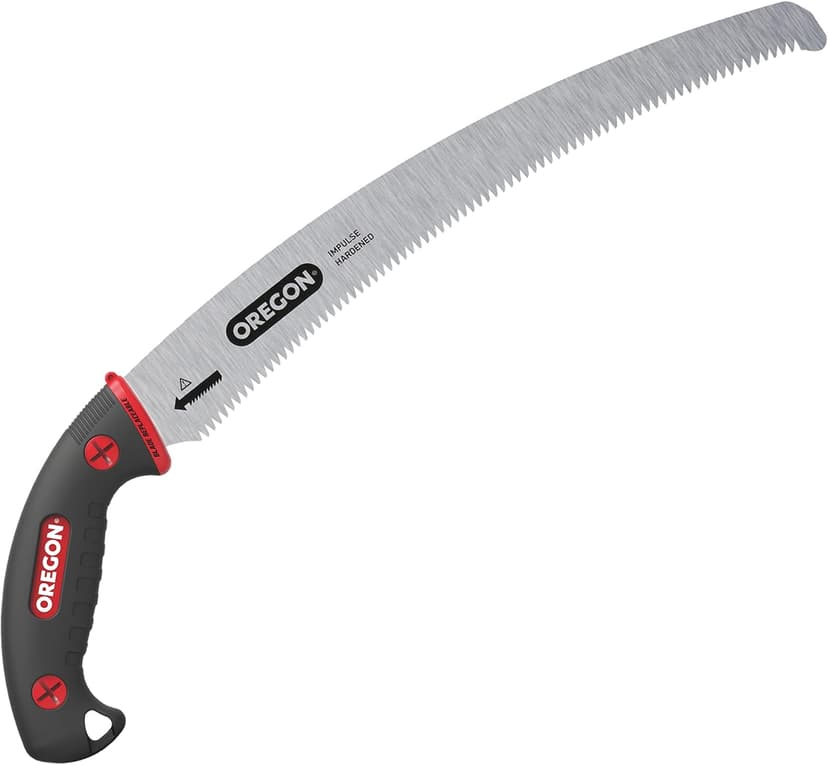 Oregon (600136) Curved Premium Japanese High-Carbon Steel Hand Saw, Rust Proof Forestry/Pruning/Cutting Tool, Curved Blade with Scabbard Safety Sheath,Red,13"