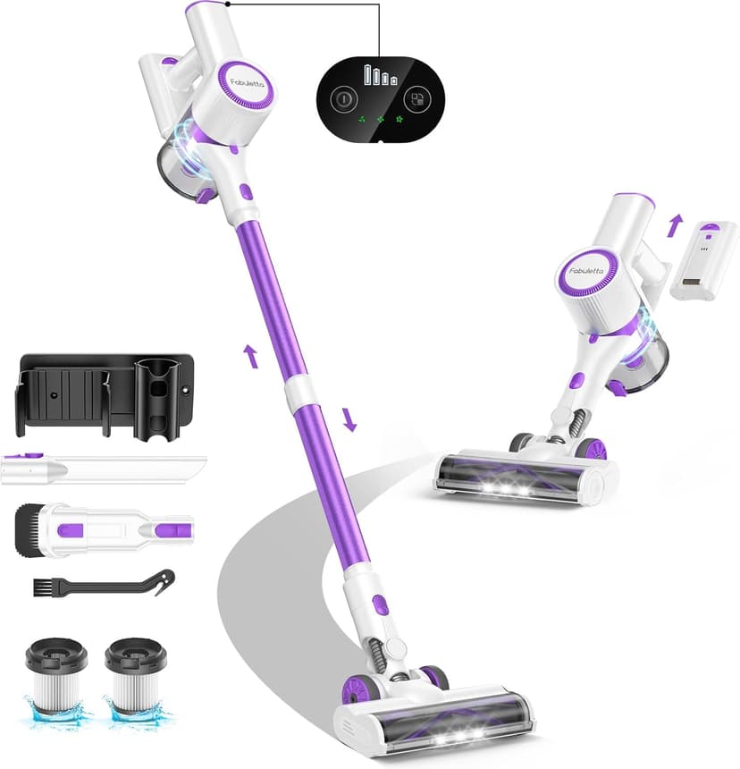 FABULETTA Cordless Vacuum Cleaner for Home, 500W Lightweight Vacuum Cleaner with MAX 50 Min Detachable Battery, Brushless Motor, 6 in 1 Stick Vacuum for Hardwood Floors and Carpet Pet Hair Car（Purple）