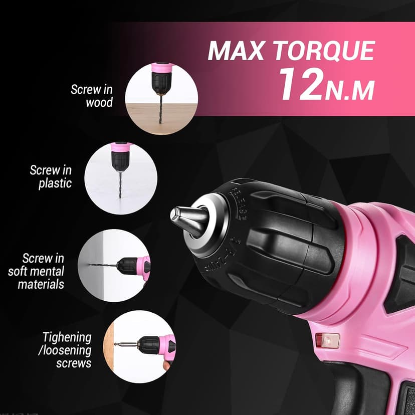 DEKOPRO 8V Cordless Drill, Drill Set with 3/8"Keyless Chuck, 42pcs Acessories, Built-in LED, Type-C Charge Cable, Pink Power Drills for Drilling and Tightening/Loosening Screws