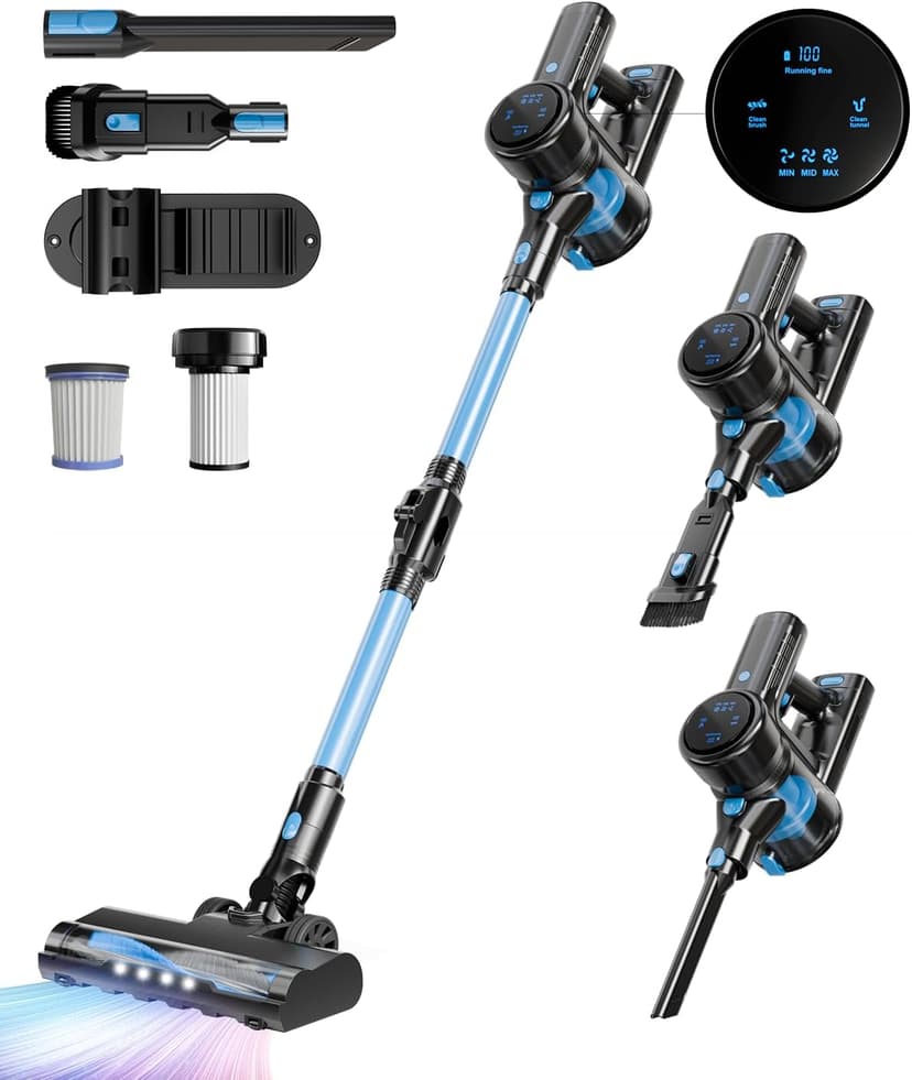 Cordless Vacuum Cleaner, 28KPA Suction Stick Vacuum with LED Headlight, 3 Modes 6-in-1 Lightweight Cordless Vacuum with 40Mins Detachable Battery Vacuum Cleaners for Home Hard Floor Carpet (Blue)
