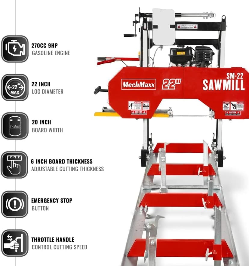 22" inch Portable Sawmill, 270cc 9HP Gasoline Engine, 20" Board Width, 13' Track Length, Model SM-22