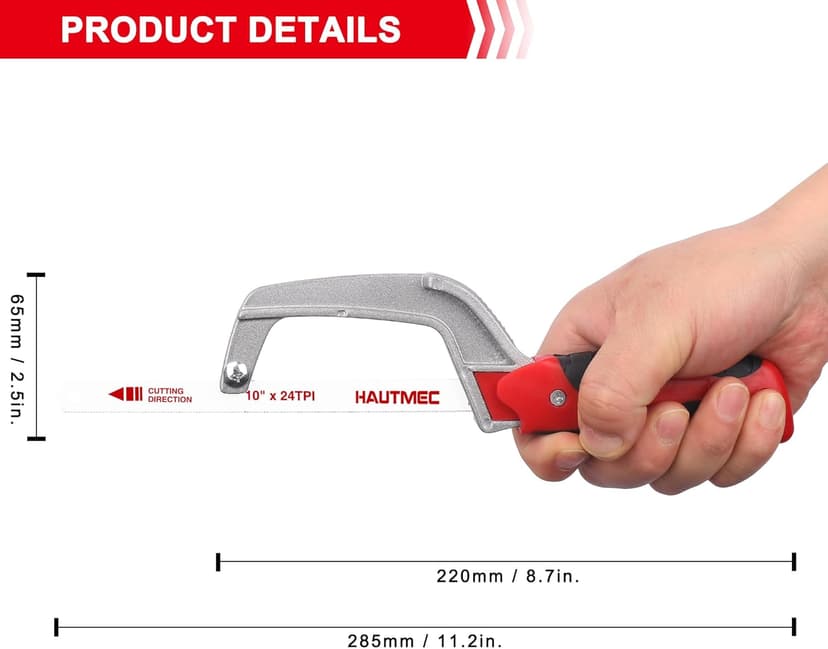 HAUTMEC Mini Hacksaw Small Hand Saw for Wood Metal Plastics Cutting Professional Hack Saw With 1 Pcs Bimetal Hss Blade, Especially Cuts In Tight Hard-Reach Spaces HT0035-PL