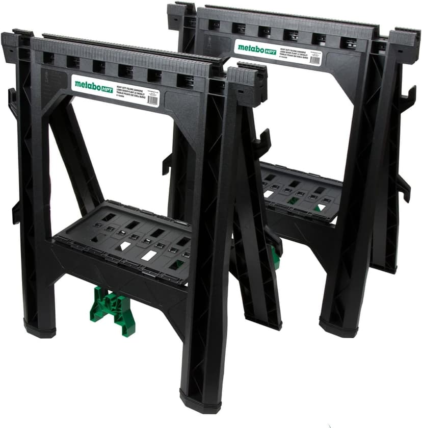 Metabo HPT Folding Sawhorses, 2-Pack, Lightweight Design, 1,200 lbs Capacity, Includes 4 Sawbucks, Ideal for Extra Workstations, Non-Skid Feet for Stability, Built-In Shelf and Cord Hooks, 115445M