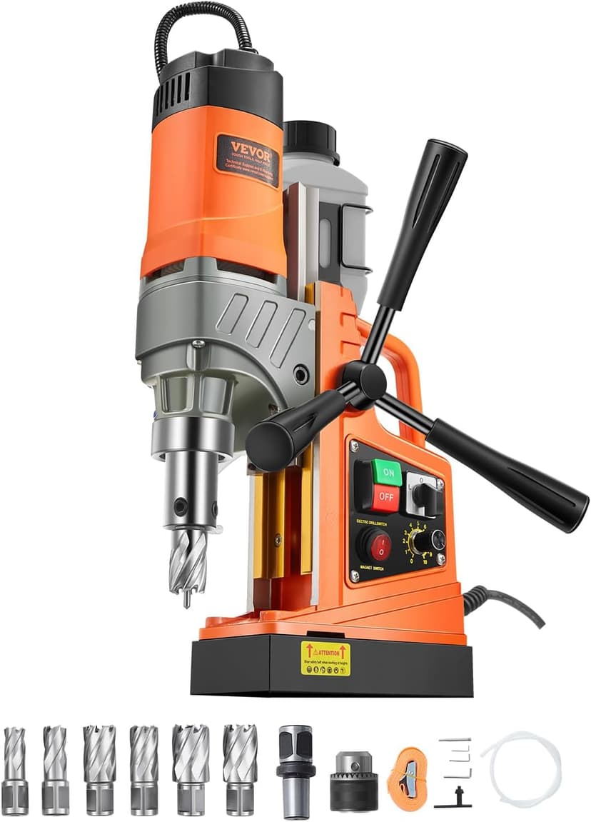 VEVOR Magnetic Drill, 1450W Motor 2 in Boring Diameter, 2878 lbf Portable Electric Mag Drill Press, with 6 Coring Bits, Variable Speed, Drilling Machine for Metal Surface, Home Improvement Industry