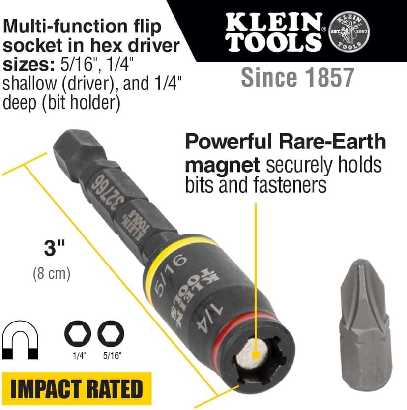 Klein Tools 32768 Impact Driver Set, 3-in-1 SAE Impact Socket and Bit Holder, Flip Socket with Nut Drivers in 1/4 and 5/16 Hex Sizes, 3 and 5-Inch Lengths, 2-Piece