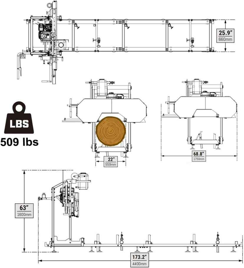 22" inch Portable Sawmill, 270cc 9HP Gasoline Engine, 20" Board Width, 13' Track Length, Model SM-22