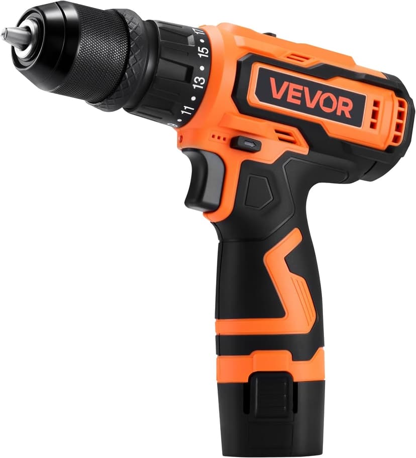 VEVOR Cordless Drill Driver, 5-In-1, Metal Chuck, Dual-Speed Variable, Drill Driver Kit with 2 Lithium Batteries and Charger, Tool Box, for Wood and Metal Drilling, Screw Tightening or Loosening