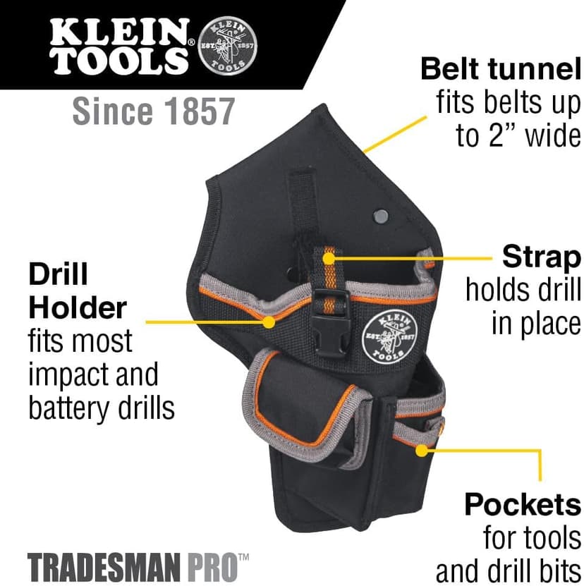 Klein Tools 5183 Tool Bag, Tradesman Pro Drill Pouch, 1680d Material, Drill Holster with Pockets for Tools and Bits
