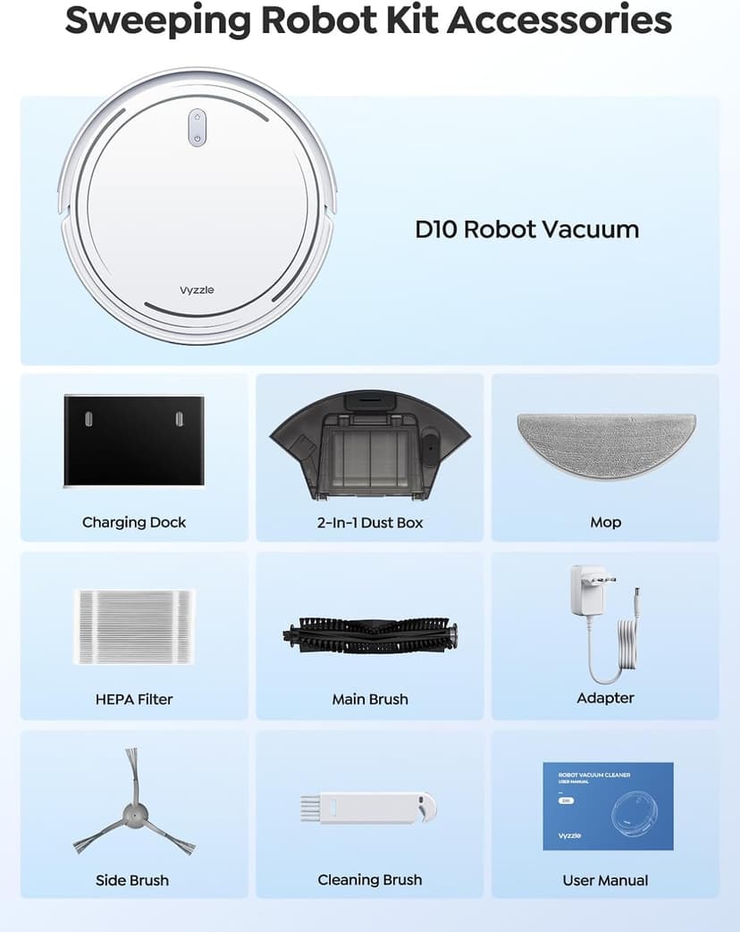 Vyzzle Robot Vacuum, 5000Pa Robot Vacuum and Mop, Smart Navigation, Ultra Slim Robot Vacuum Cleaner Self-Charging, Wi-Fi/App/Alexa Control, Ideal for Pet Hair, Hard Floor, Carpet