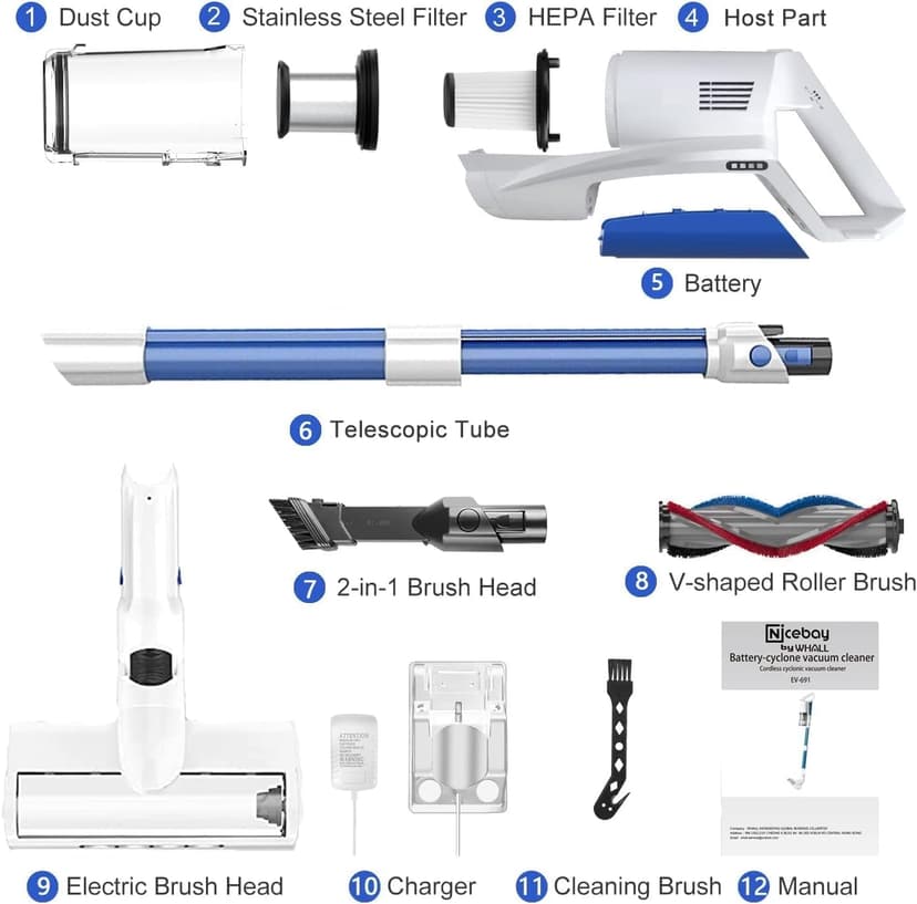 whall Cordless Vacuum Cleaner, Upgraded Strong Suction Brushless Motor Cordless Stick Vacuum Cleaner,Lightweight Handheld Vacuum for Home Pet Hair Carpet Hard Floor,up to 55mins Runtime,White