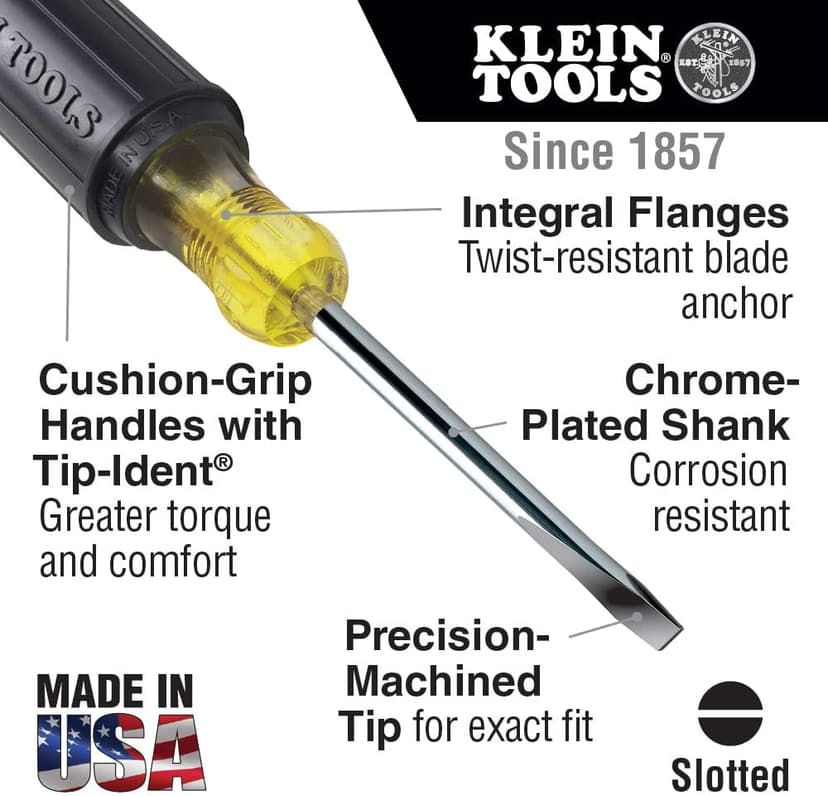 Klein Tools 601-10 Flat Head Screwdriver, Made in USA, 3/16-Inch Cabinet Tip with 10-Inch Round Shank